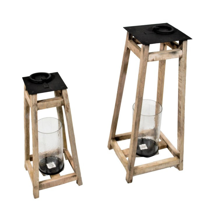 2 Piece Flared Wood and Metal Lantern Set with Glass Hurricane, Brown