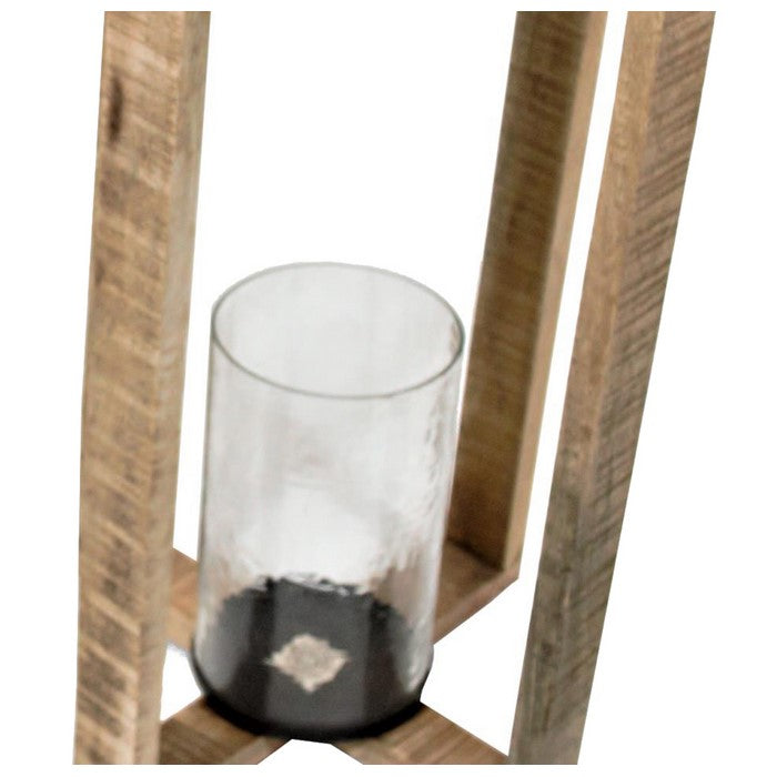 2 Piece Cross Frame Wooden Lantern Set with Glass Hurricane, Brown