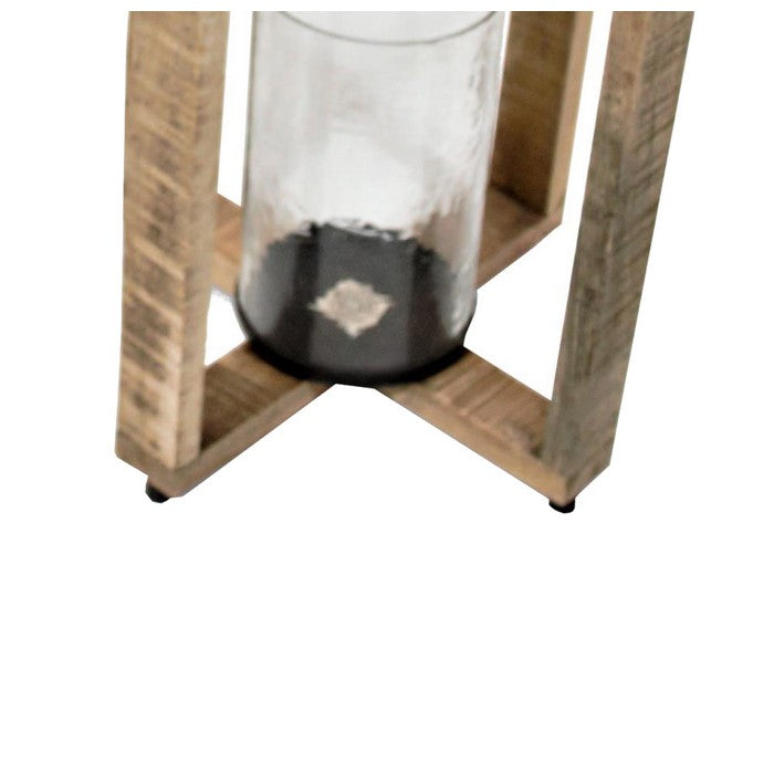 2 Piece Cross Frame Wooden Lantern Set with Glass Hurricane, Brown