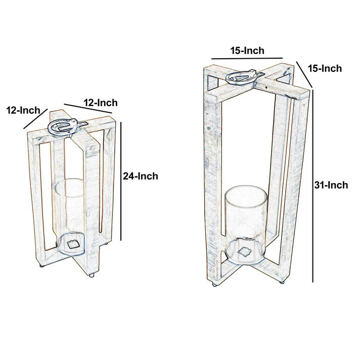 2 Piece Cross Frame Wooden Lantern Set with Glass Hurricane, Brown