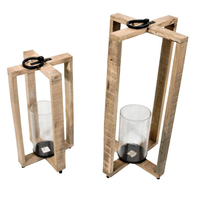 2 Piece Cross Frame Wooden Lantern Set with Glass Hurricane, Brown