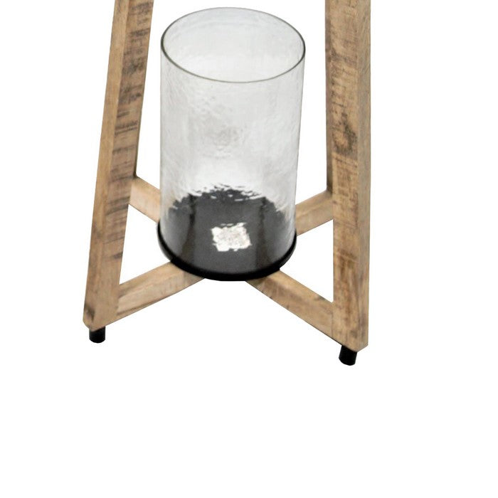 2 Piece Cross Design Flared Wooden Lantern Set, Brown