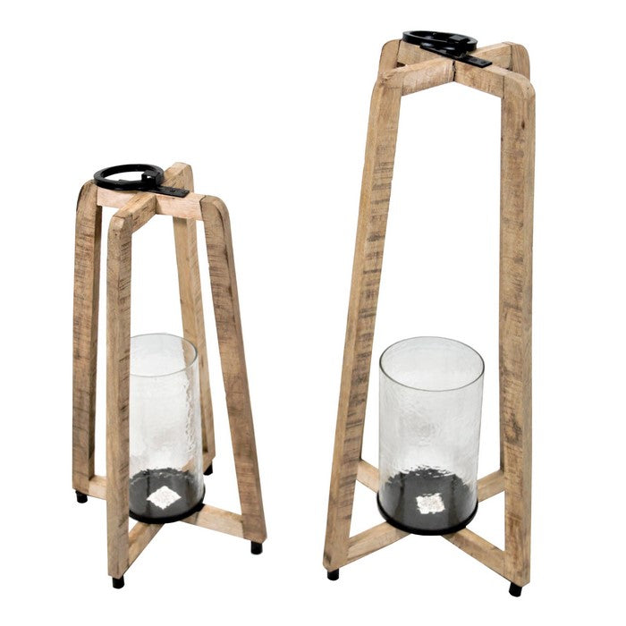 2 Piece Cross Design Flared Wooden Lantern Set, Brown