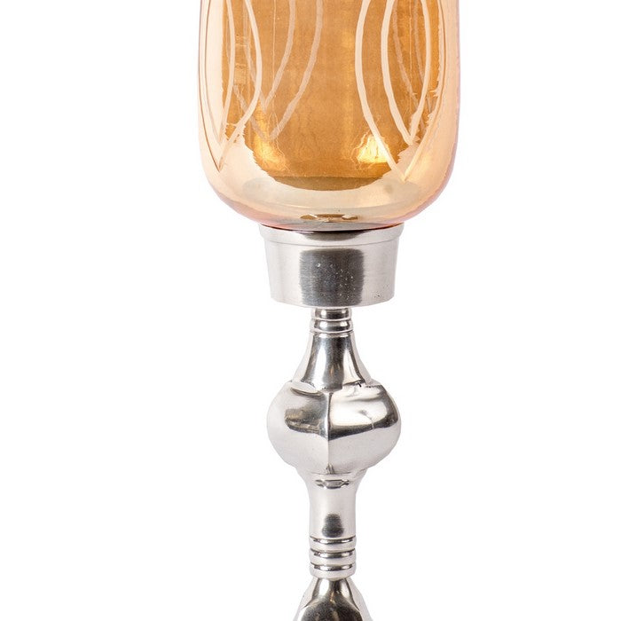 Tinted Glass Candle Hurricane with Metal Pedestal Base, Silver and Orange