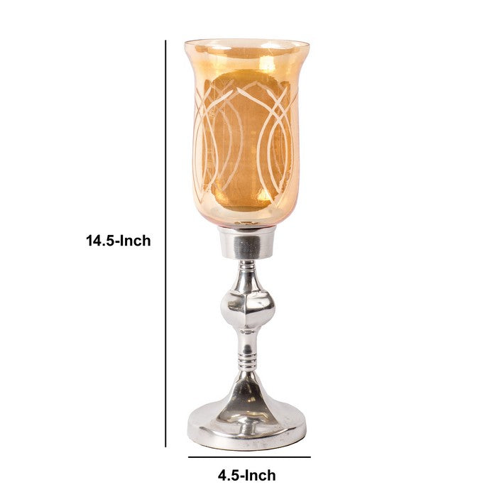 Tinted Glass Candle Hurricane with Metal Pedestal Base, Silver and Orange