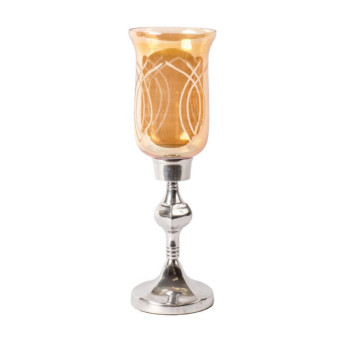 Tinted Glass Candle Hurricane with Metal Pedestal Base, Silver and Orange