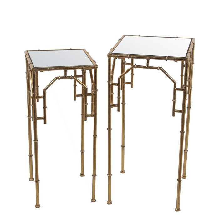 2 Piece Metal Plant Stand Set with Tubular Frame and Glass Top, Gold