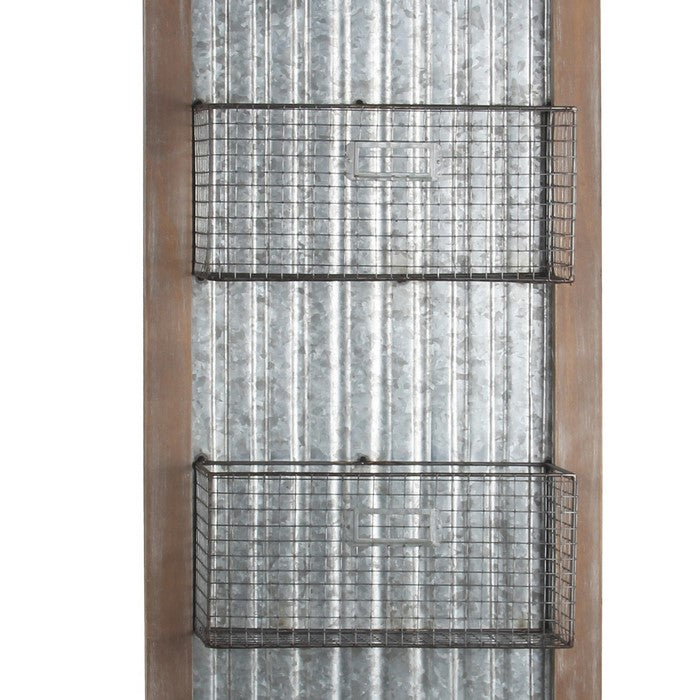 Wood and Metal Wall Organizer with 3 Mesh Baskets, Silver and Brown