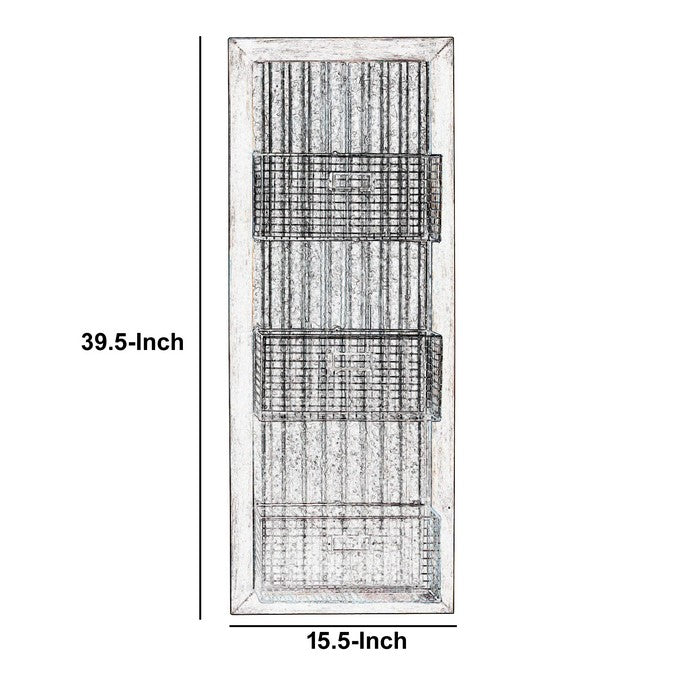 Wood and Metal Wall Organizer with 3 Mesh Baskets, Silver and Brown