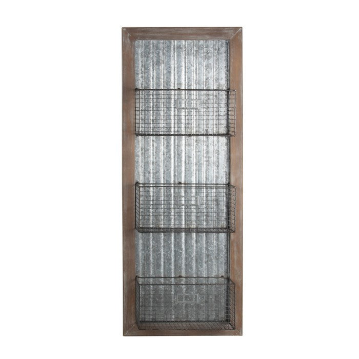 Wood and Metal Wall Organizer with 3 Mesh Baskets, Silver and Brown