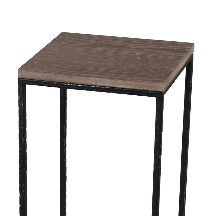 2 Piece Metal Accent Table Set with Square Wooden Top, Brown and Black