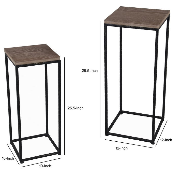 2 Piece Metal Accent Table Set with Square Wooden Top, Brown and Black
