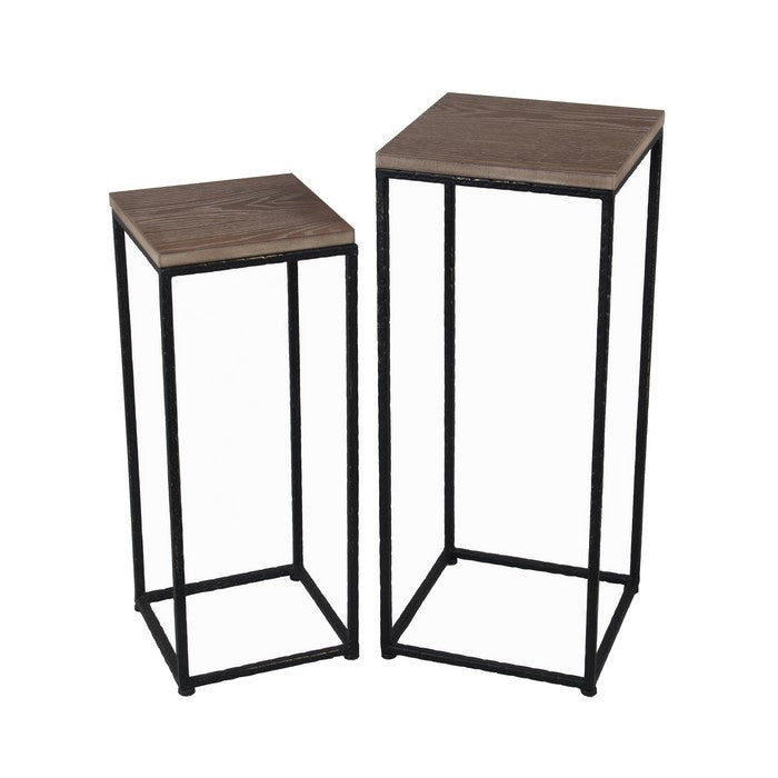 2 Piece Metal Accent Table Set with Square Wooden Top, Brown and Black