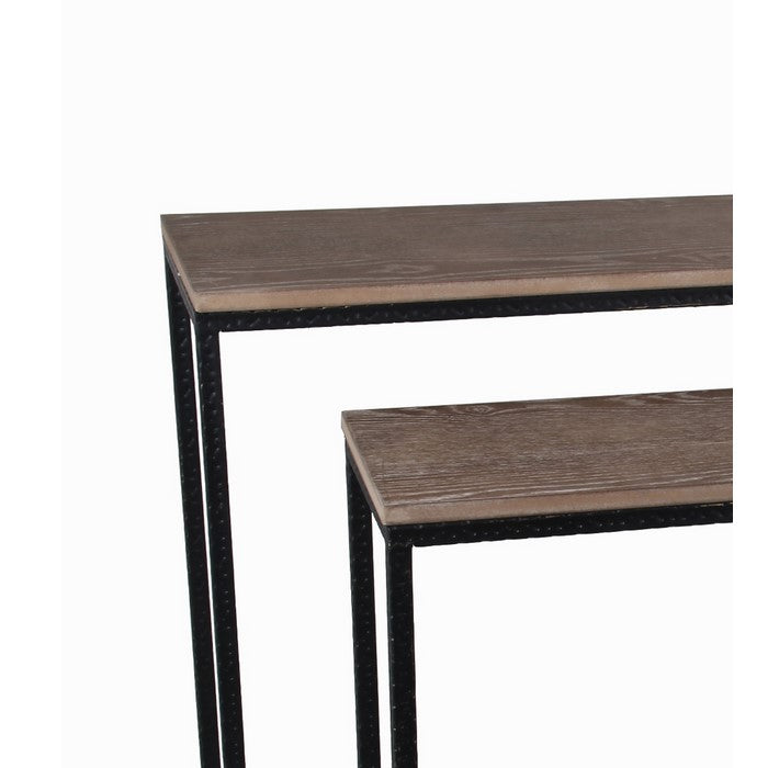 2 Piece Wide Metal Accent Console Set with Wooden Top, Brown and Black