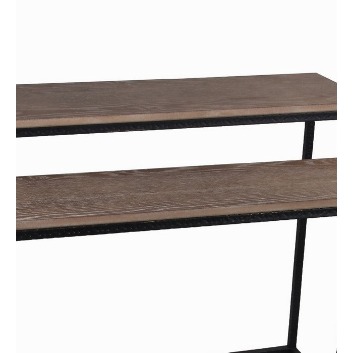 2 Piece Wide Metal Accent Console Set with Wooden Top, Brown and Black
