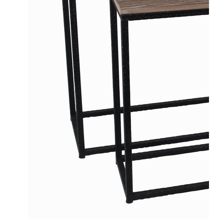2 Piece Wide Metal Accent Console Set with Wooden Top, Brown and Black