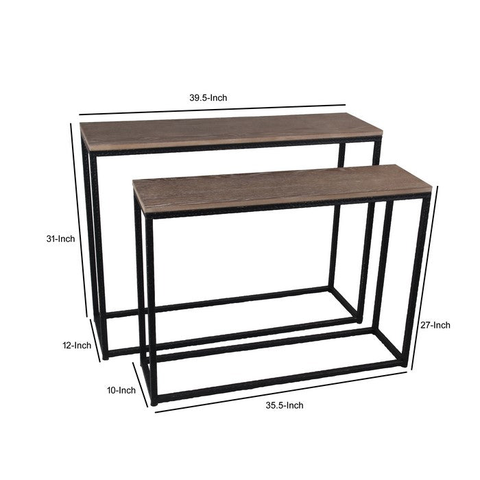 2 Piece Wide Metal Accent Console Set with Wooden Top, Brown and Black