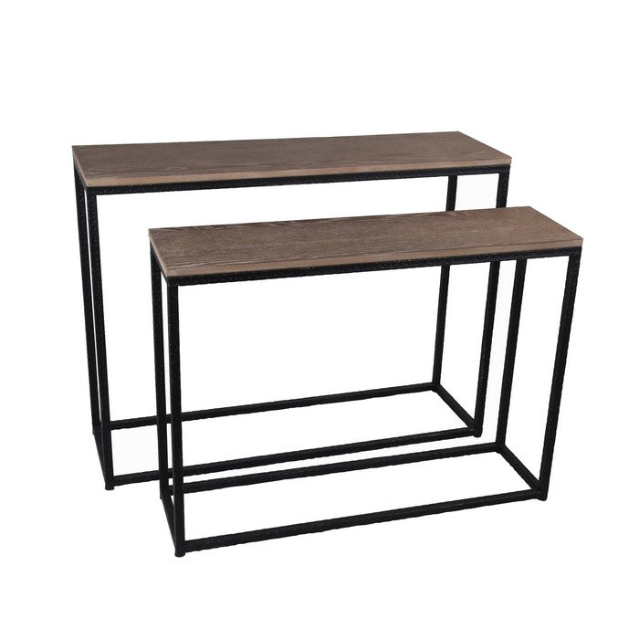 2 Piece Wide Metal Accent Console Set with Wooden Top, Brown and Black