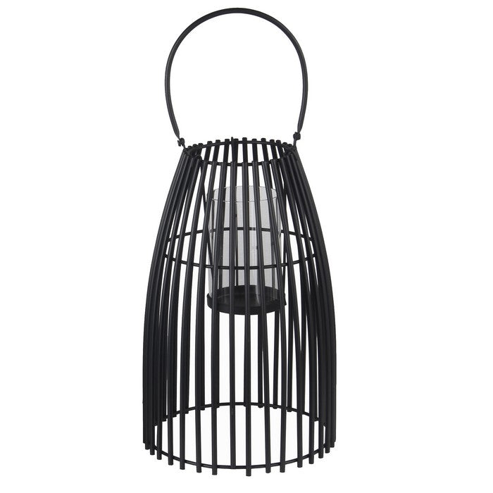 2 Piece Slated Design Metal Lantern Set with Glass Hurricane, Black