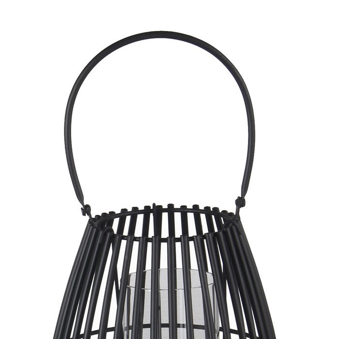 2 Piece Slated Design Metal Lantern Set with Glass Hurricane, Black
