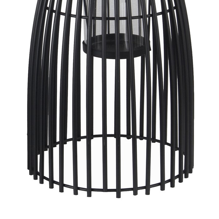 2 Piece Slated Design Metal Lantern Set with Glass Hurricane, Black