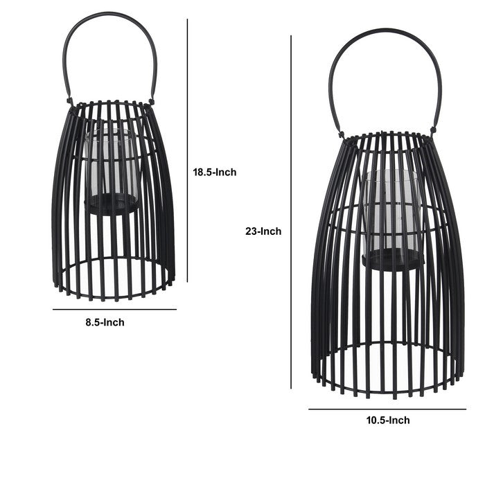2 Piece Slated Design Metal Lantern Set with Glass Hurricane, Black