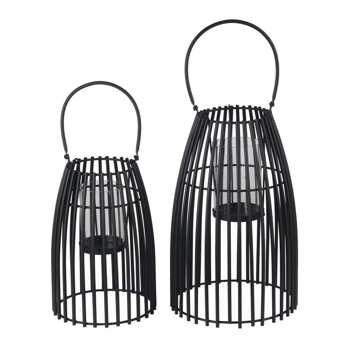 2 Piece Slated Design Metal Lantern Set with Glass Hurricane, Black