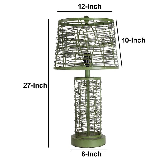 Mesh Wire Metal Table Lamp with Empire Shade and Round Base, Green