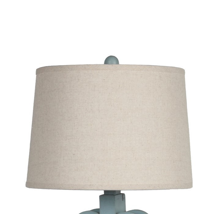 Carved Wooden Table Lamp with Fabric Empire Shade, Blue and Beige