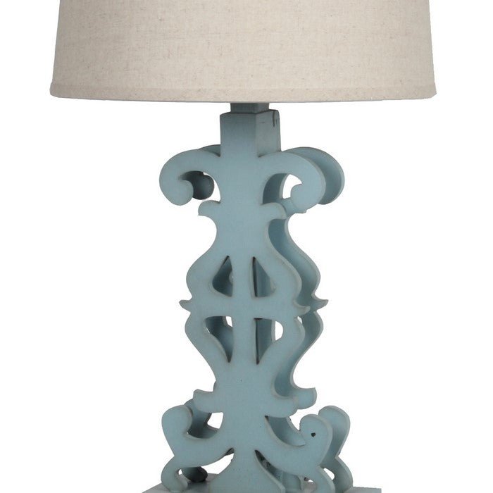 Carved Wooden Table Lamp with Fabric Empire Shade, Blue and Beige