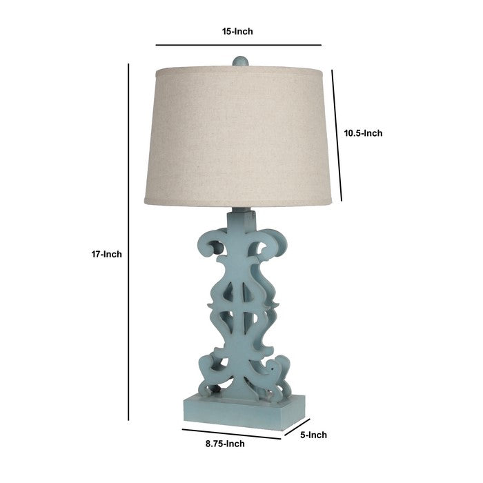 Carved Wooden Table Lamp with Fabric Empire Shade, Blue and Beige
