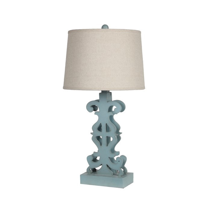 Carved Wooden Table Lamp with Fabric Empire Shade, Blue and Beige