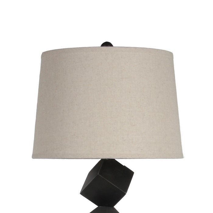 Wooden Table Lamp with Cubical Base and Empire Shade, Black and Beige