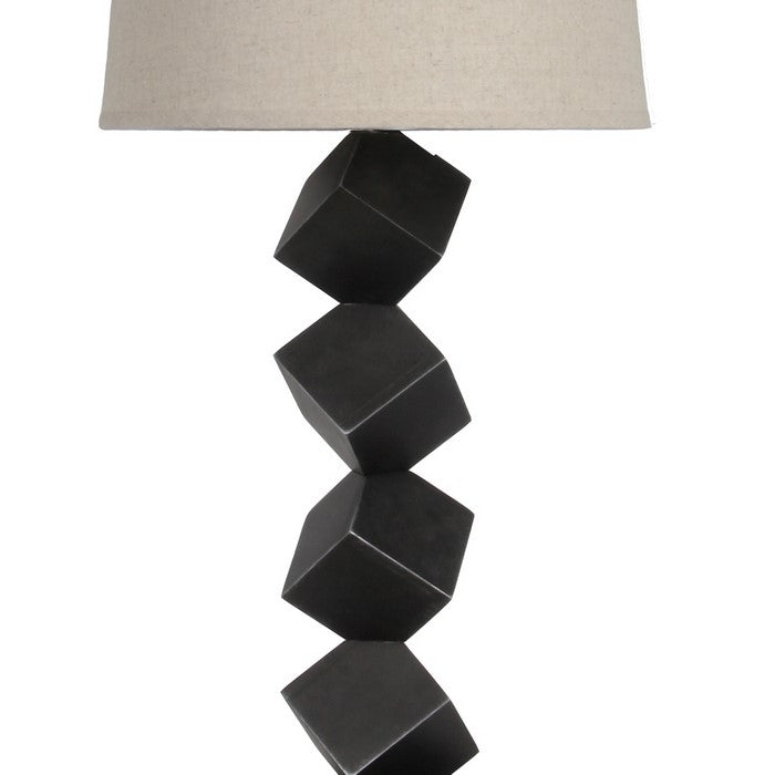 Wooden Table Lamp with Cubical Base and Empire Shade, Black and Beige