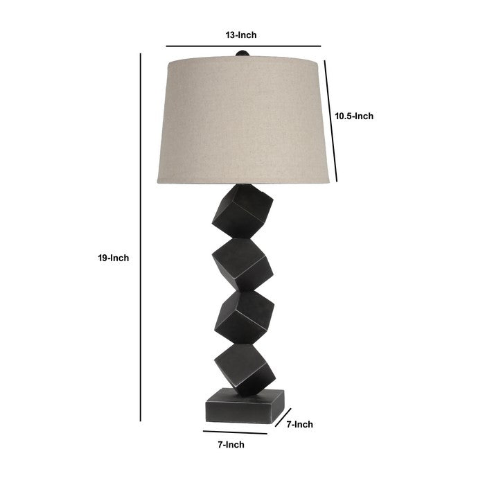 Wooden Table Lamp with Cubical Base and Empire Shade, Black and Beige