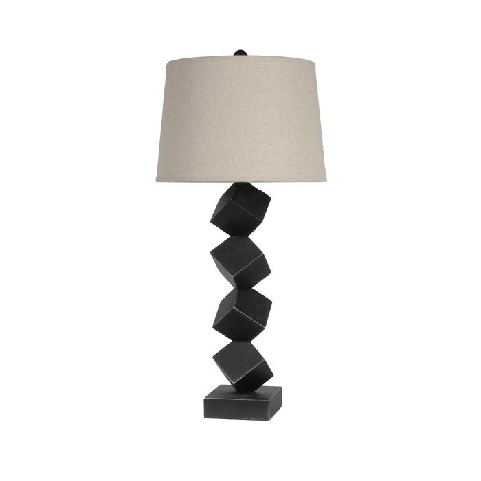 Wooden Table Lamp with Cubical Base and Empire Shade, Black and Beige