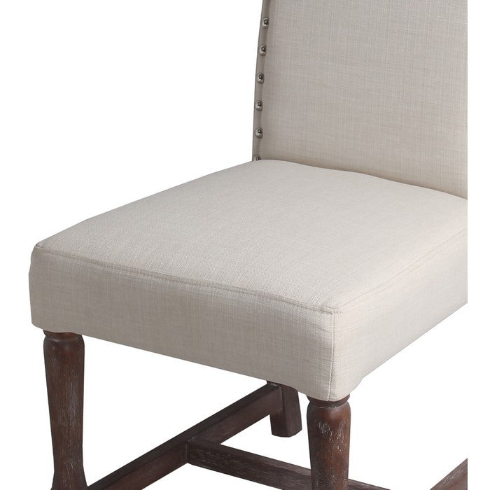 Fabric and Wooden Accent Chair with Nail head Trim, White and Brown