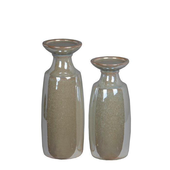 2 Piece Ceramic Candle Holder Set with Bottle Shape Body, Taupe Brown