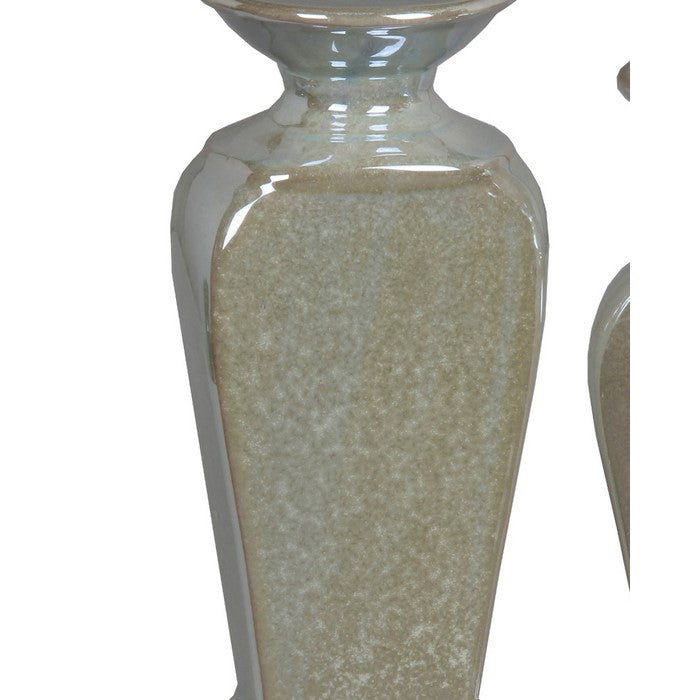 2 Piece Ceramic Candle Holder Set with Urn Shape Body, Taupe Brown