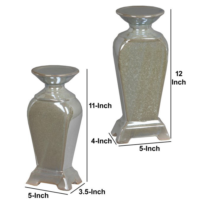 2 Piece Ceramic Candle Holder Set with Urn Shape Body, Taupe Brown