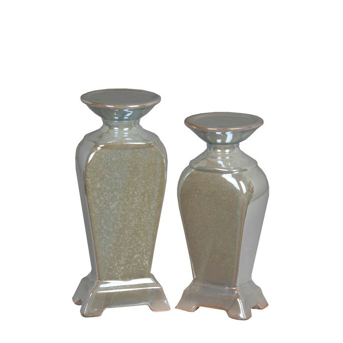 2 Piece Ceramic Candle Holder Set with Urn Shape Body, Taupe Brown