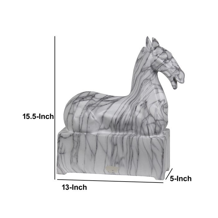 Marbleized Hand Carved Half Horse Resin Figurine, White and Gray