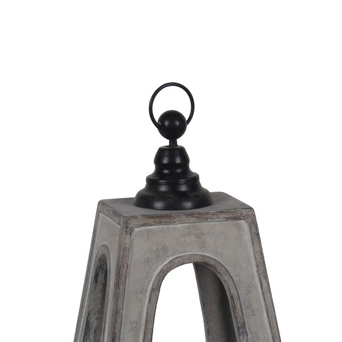 Farmhouse Flared Cement Lantern with Finial Top, Small, Gray and Black