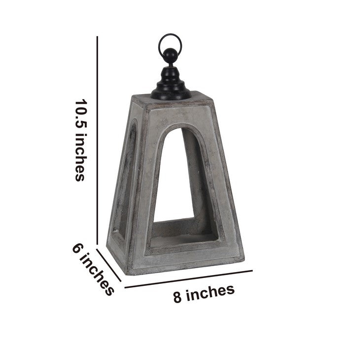 Farmhouse Flared Cement Lantern with Finial Top, Small, Gray and Black