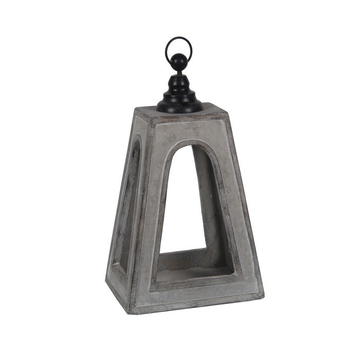 Farmhouse Flared Cement Lantern with Finial Top, Small, Gray and Black