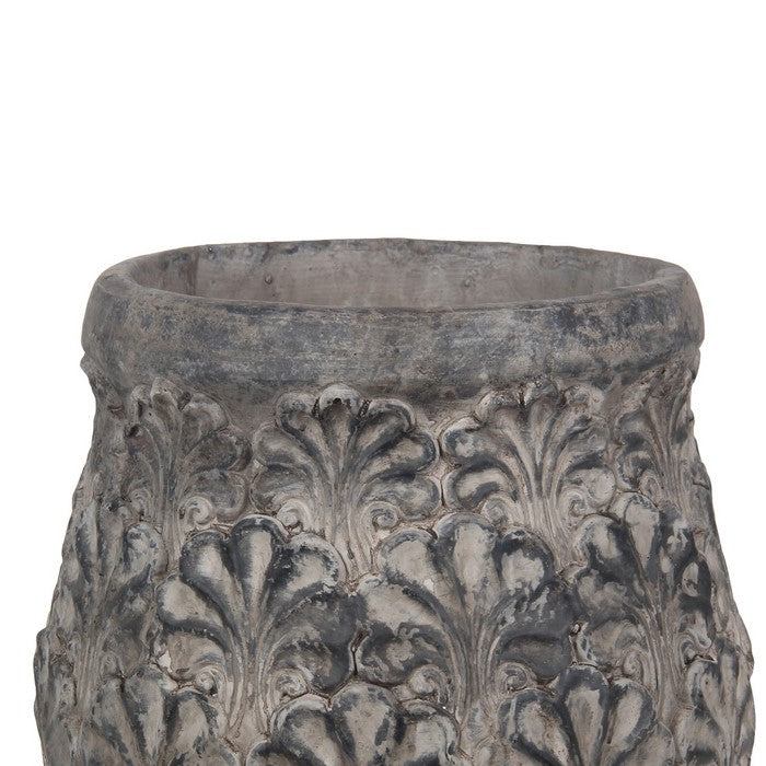 Decorative Traditional Cement Urn with Floral Inlays, Large, Gray