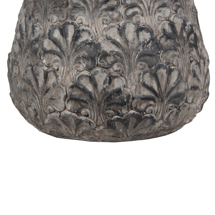 Decorative Traditional Cement Urn with Floral Inlays, Large, Gray