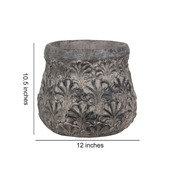 Decorative Traditional Cement Urn with Floral Inlays, Large, Gray