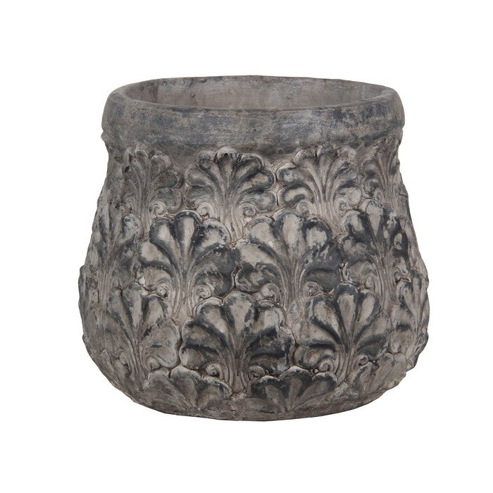 Decorative Traditional Cement Urn with Floral Inlays, Large, Gray