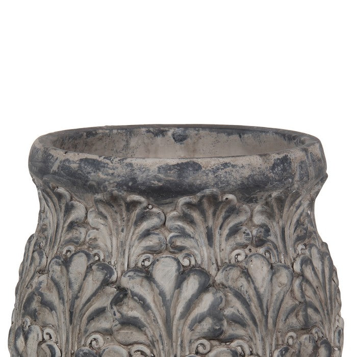 Decorative Traditional Cement Urn with Floral Inlays, Small Gray
